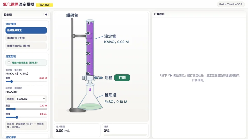 氧化還原滴定互動模擬互動教材畫面